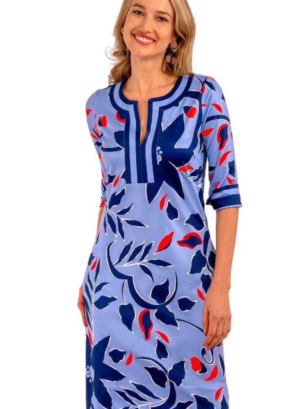 Gretchen Scott Designs Light Blue Dress with Navy & Coral Floral Accents